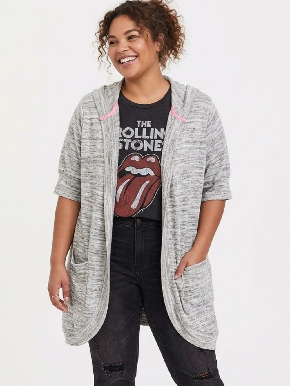 Isaac Mizrahi Plus Size Marled Light Gray Open-Front Cardigan With Hood - NWOT